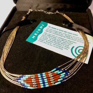 Heishi Liquid Silver Necklace Native American Beaded Signed Marked 925 Sterling